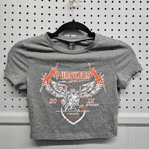 Shein 'Pursuers' Workout Crop-Top Tee Shirt Women's 2 XS (Grey/Orange)